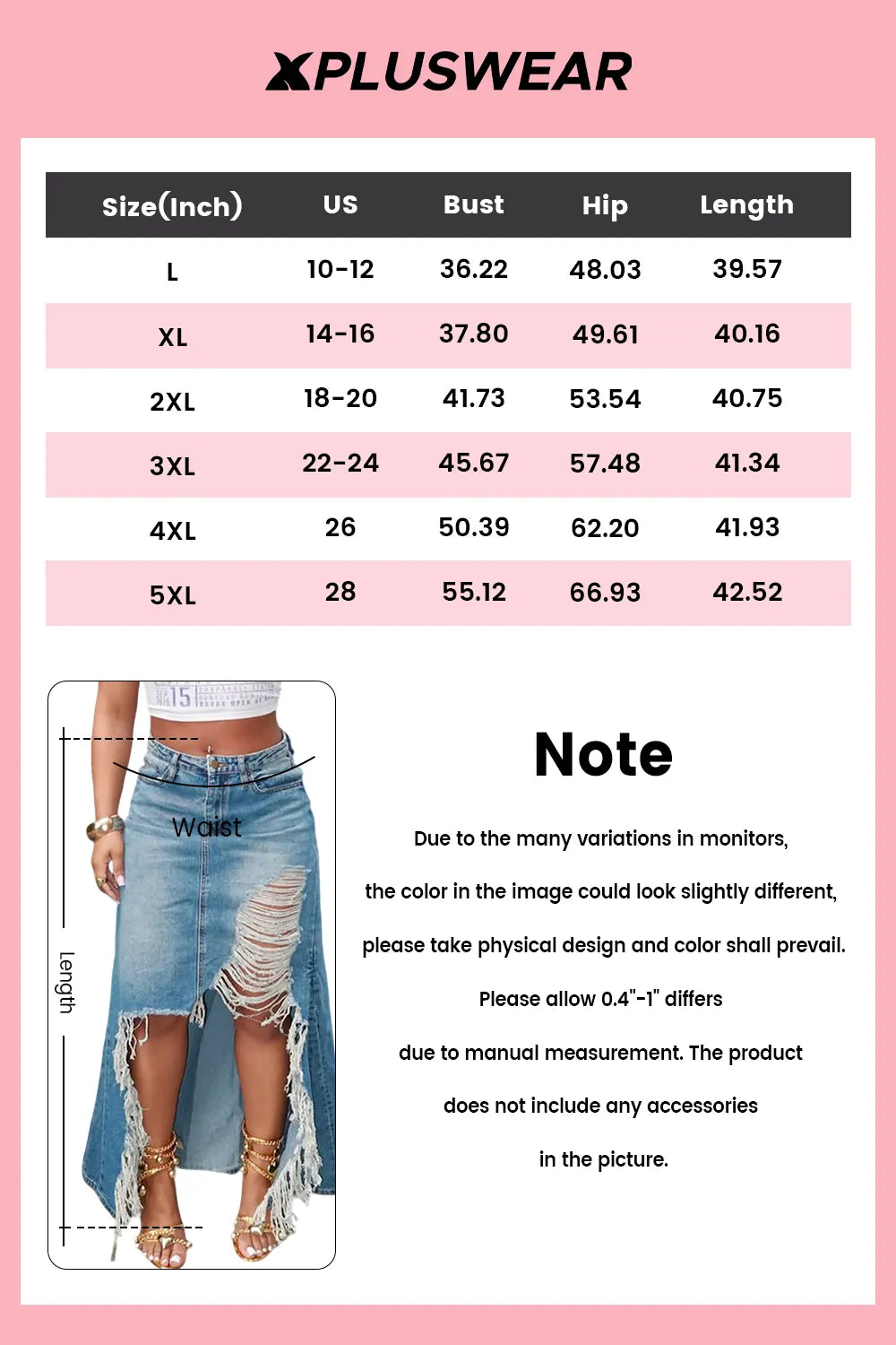 Plus Size Party Blue Casual High Low Hem Ripped Denim Skirts