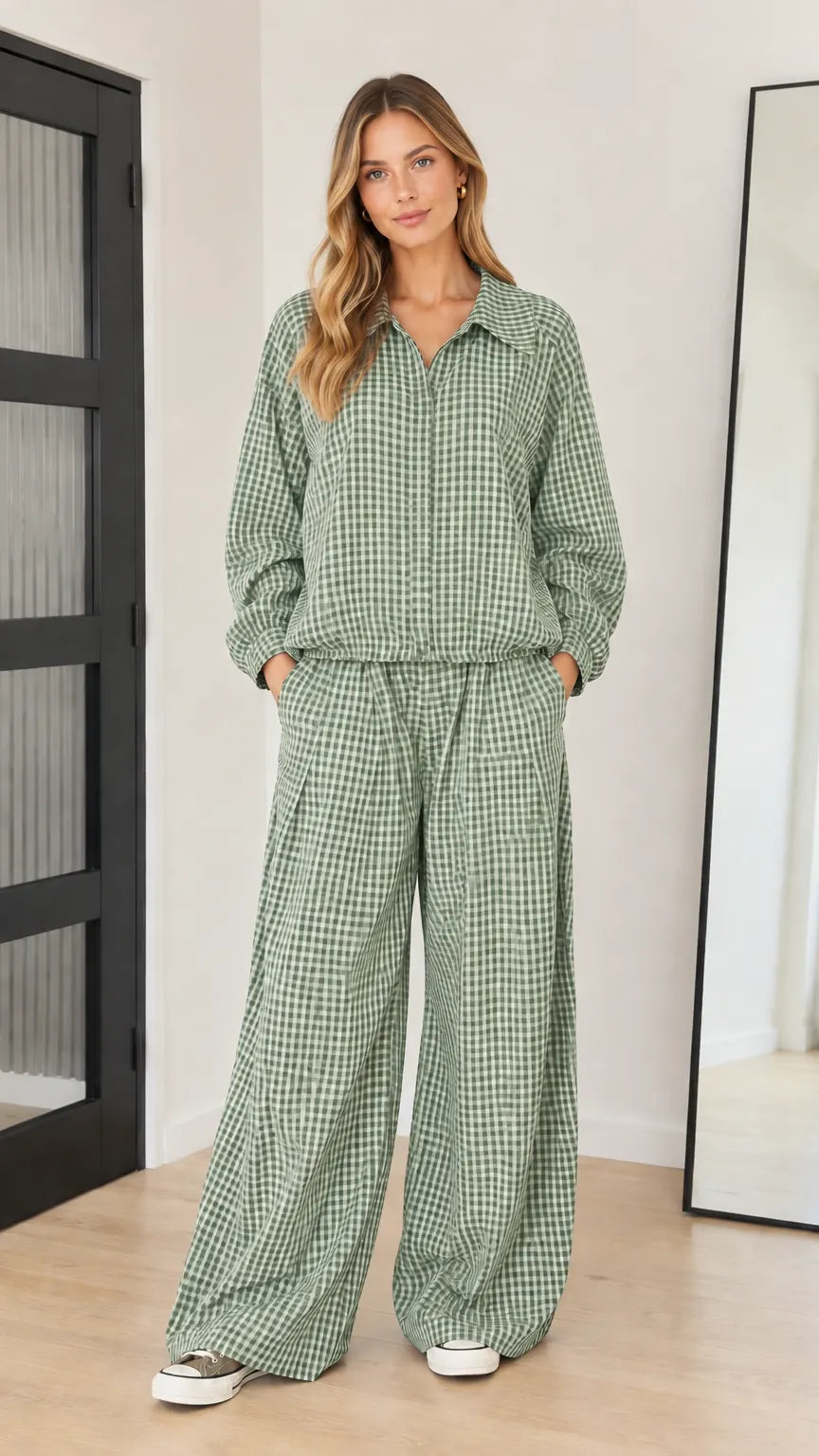 Women's Gingham Collared Long Sleeve Top and Wide-Leg Pants Two-Piece Set