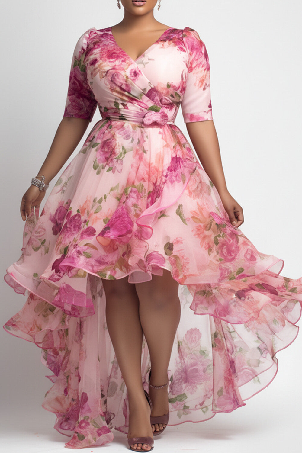 Party Pink Floral Wrap Neck Short Sleeve High Low Hem Ruffle Chiffon Mini Dresses