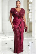 Satin Burgundy V Neck Short Sleeve 3D Contrast Sequin Maxi Dresses [Pre-Order]