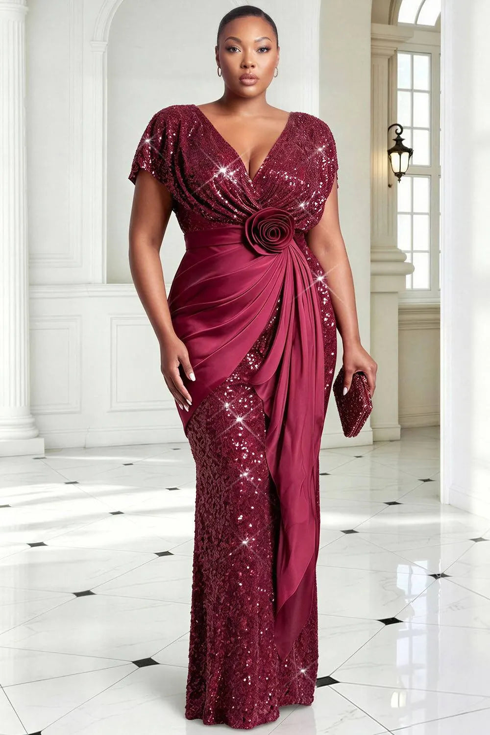 Satin Burgundy V Neck Short Sleeve 3D Contrast Sequin Maxi Dresses [Pre-Order]