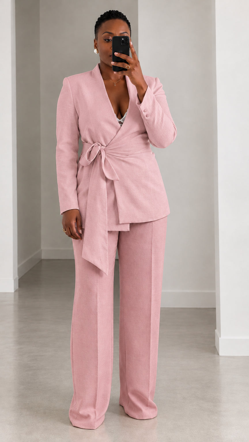 Women's Elegant Tie-Waist Wrap Blazer and Wide-Leg Trousers Two-Piece Suit Set