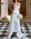 White Strapless Cowl Neck Corset Waist Overlay Skirt Mermaid Wedding Dress