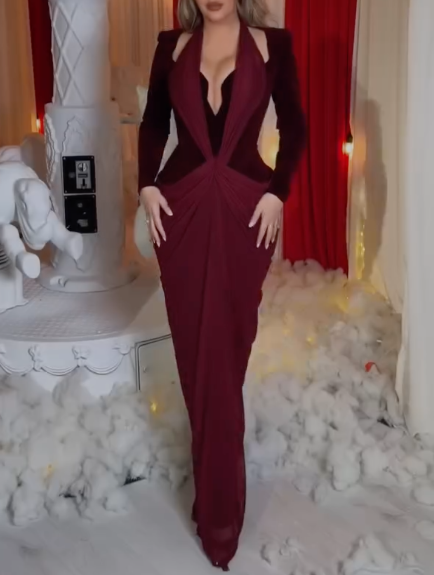 Burgundy Twist Front Maxi Dress with Deep V Neck