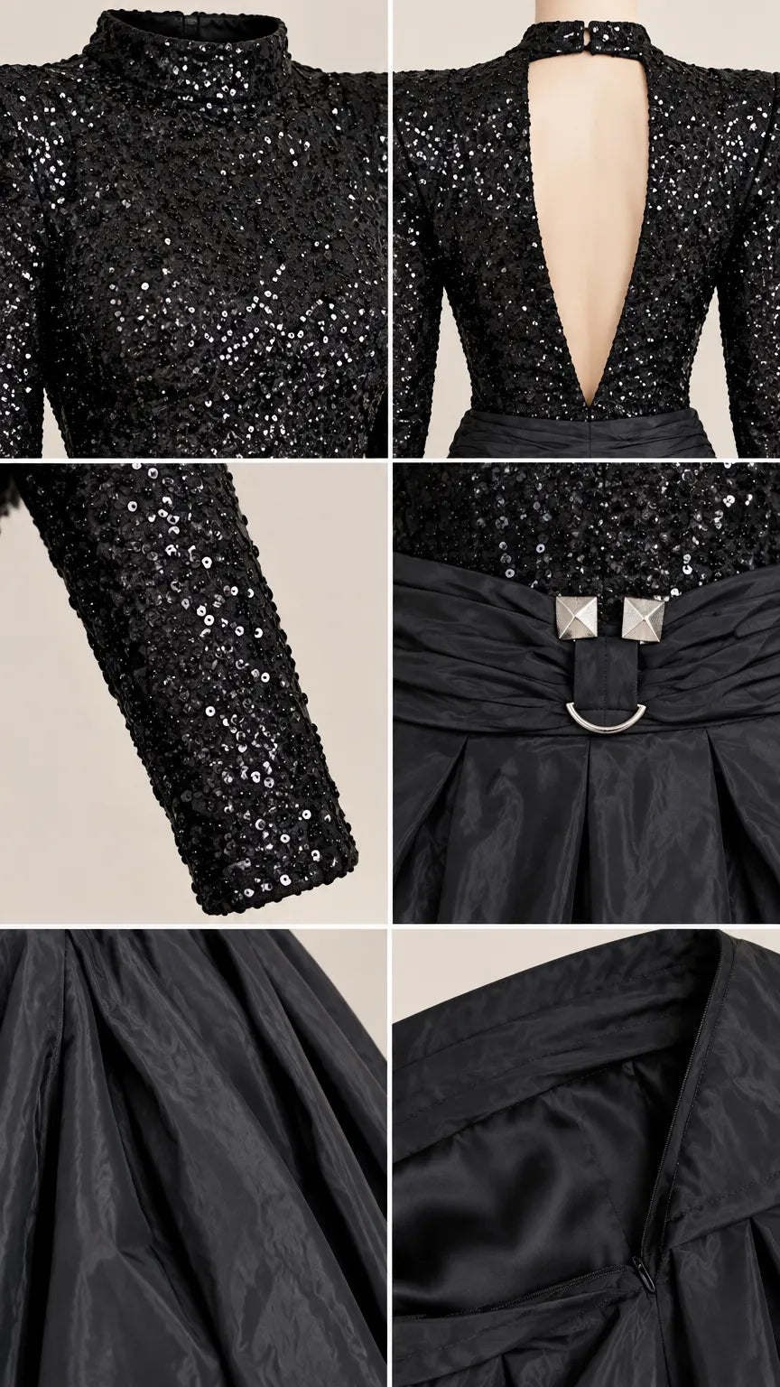 Sequined Mock Neck Open Back Maxi Ball Gown with Structured Shoulders