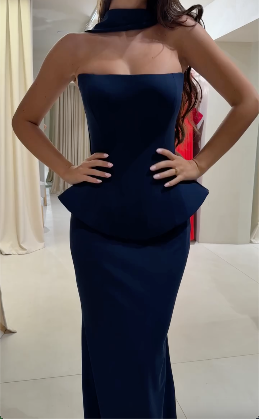 Navy Blue Strapless Peplum Mermaid Evening Gown with Choker Neckline