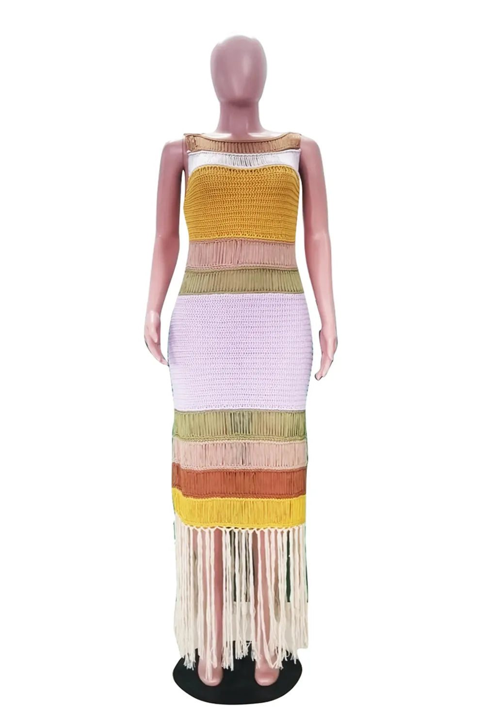 Boat Neck Sleeveless Colorblock Fringe Crochet Vacation Maxi Dresses-Blue