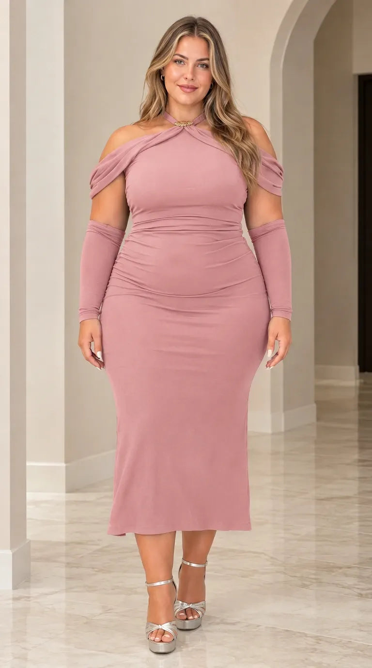 Halter Neck Cold Shoulder Ruched Bodycon Midi Dress with Matching Sleeves