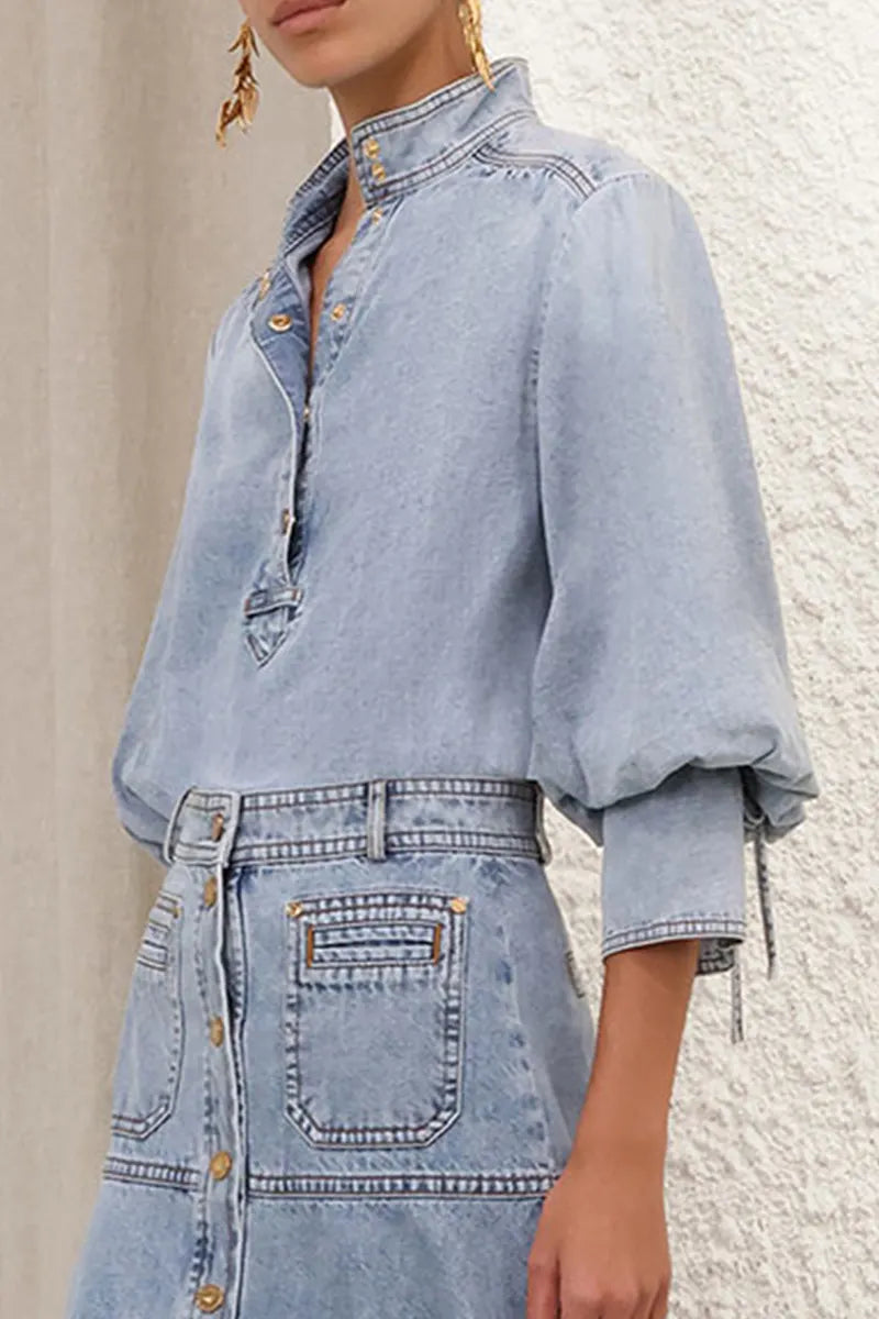 Women's Casual Button Up Denim Top & Casual Long Denim Skirt