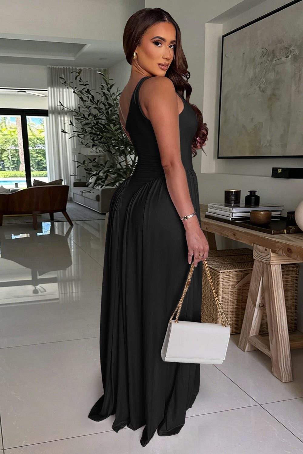 One Shoulder Cinch Waist Slim Fit Solid Color Maxi Dresses-Yellow