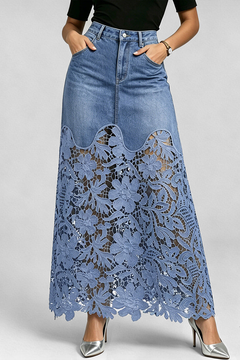 Women's Elegant Lace Panel Denim Skirt