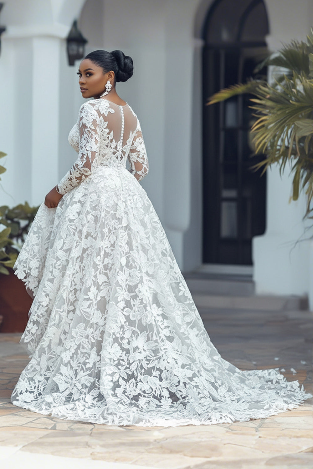 Wedding White Round Neck Long Sleeve See Through High Low Hem Guipure Lace Midi Dresses