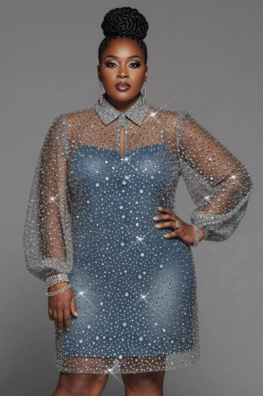 Party Blue Shirt Collar Long Sleeve See Through Sequin Mini Dresses
