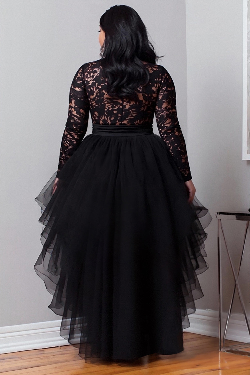 Cocktail Party Black Round Neck Long Sleeve High Low Hem Elegant Ruffle Tulle Lace Mini Dresses