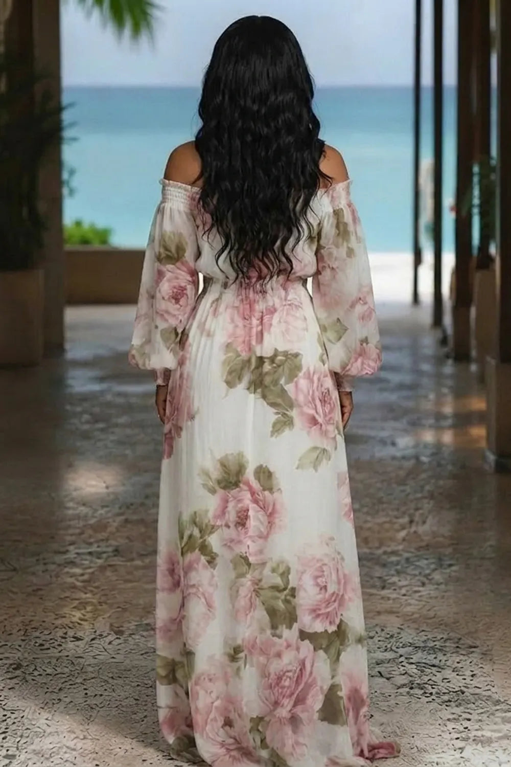 Smocking Off Shoulder Floral Print Cinch Waist Vacation Maxi Dresses-White