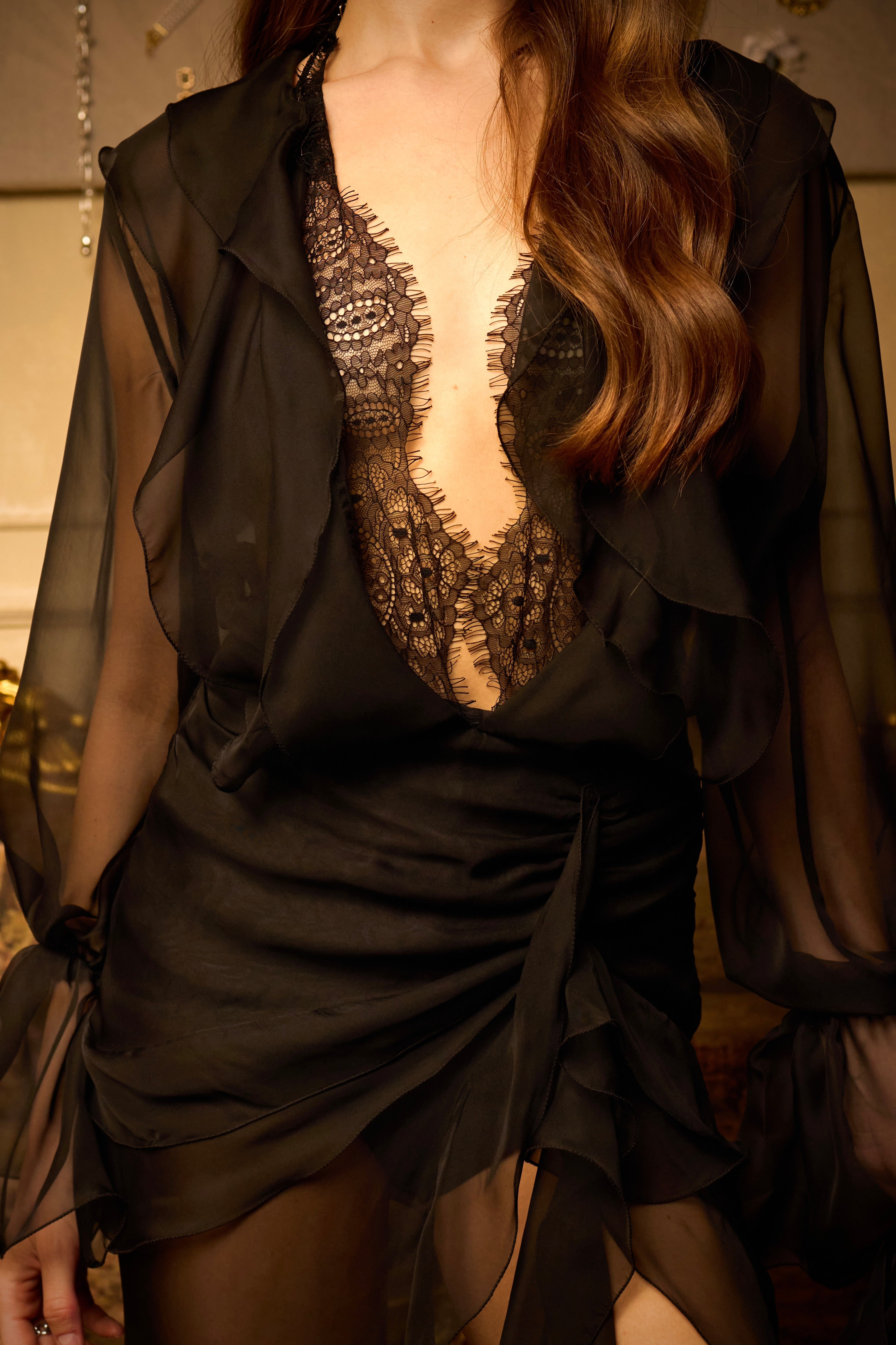 Black Sheer Chiffon Plunge Neck Maxi Dress with Lace Trim
