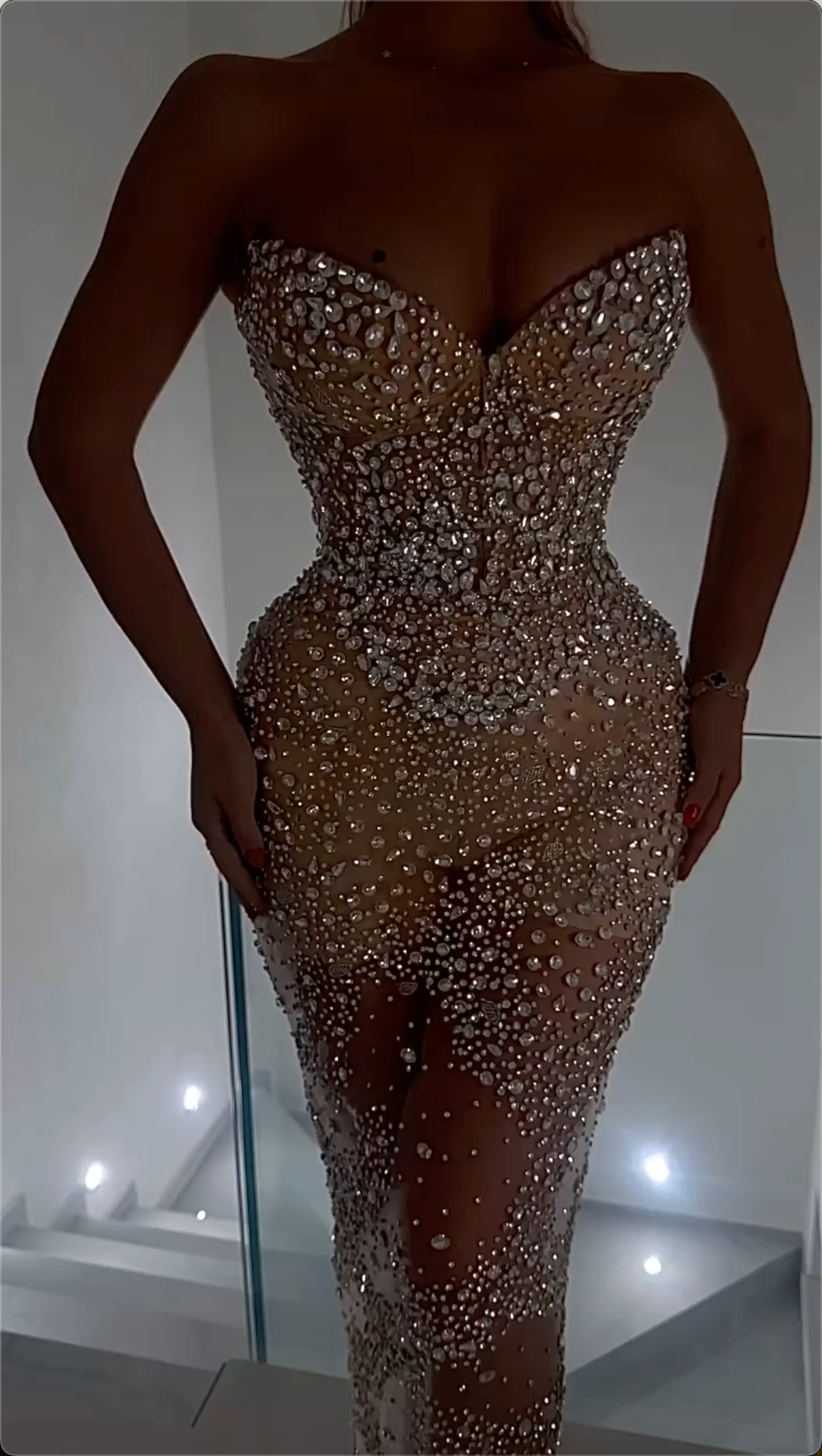 Opulent Nude Strapless Crystal-Encrusted Mermaid Maxi Dress with Sheer Mesh Fabric