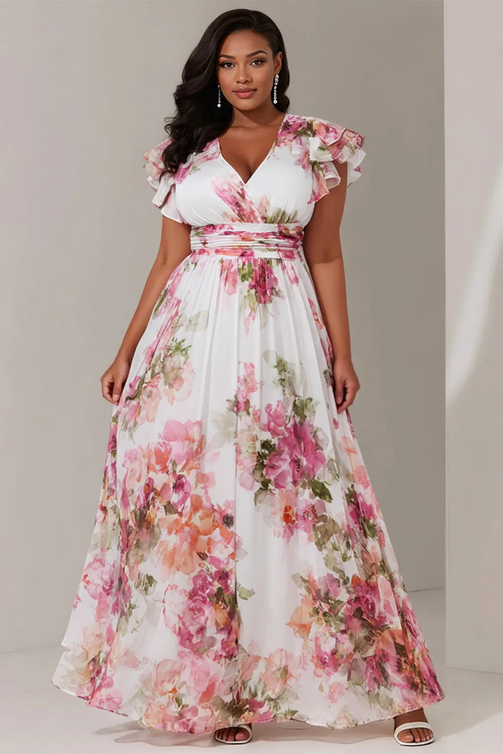 Vacation Pink Floral V Neck Flutter Sleeve Short Sleeve Ruffle Chiffon Maxi Dresses