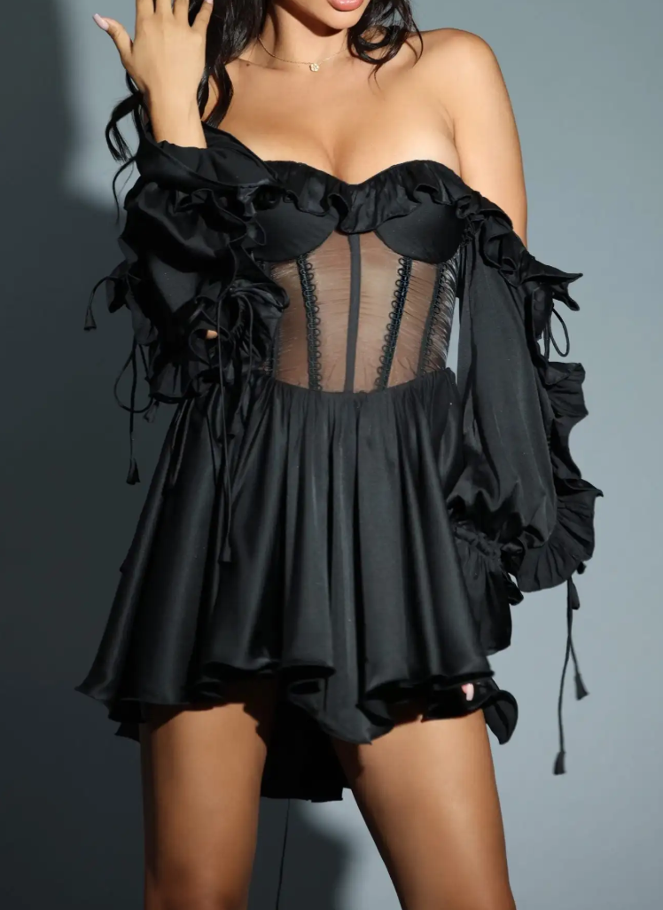Black Off-the-Shoulder Ruffled Sheer Corset Satin Mini Dress