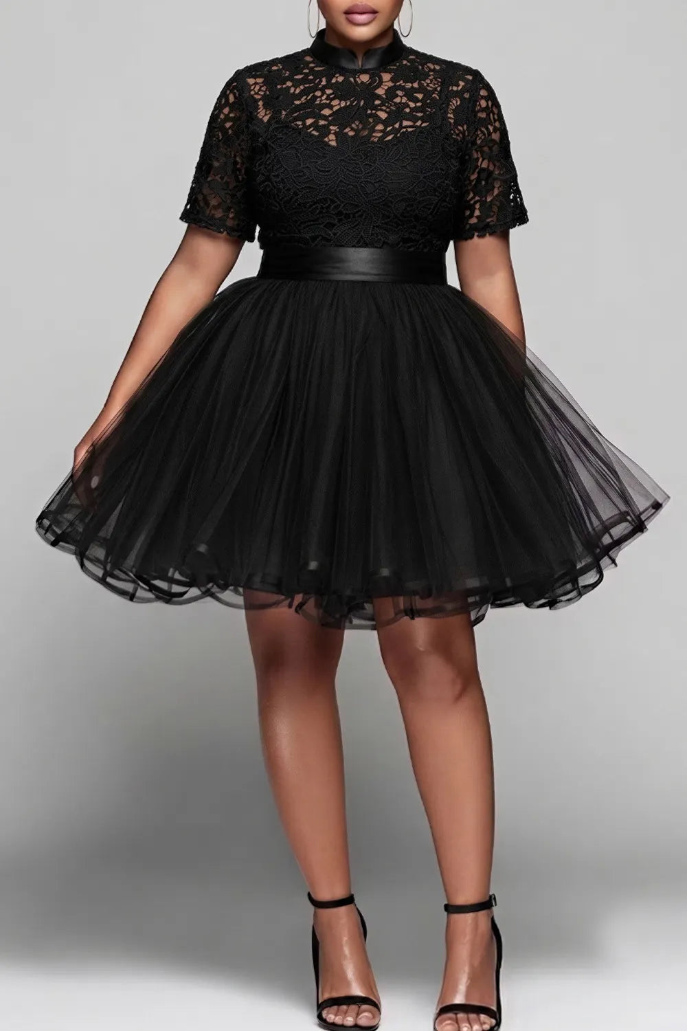 Party Tulle Black Mandarin Collar Short Sleeve See Through Contrast Lace Mini Dresses