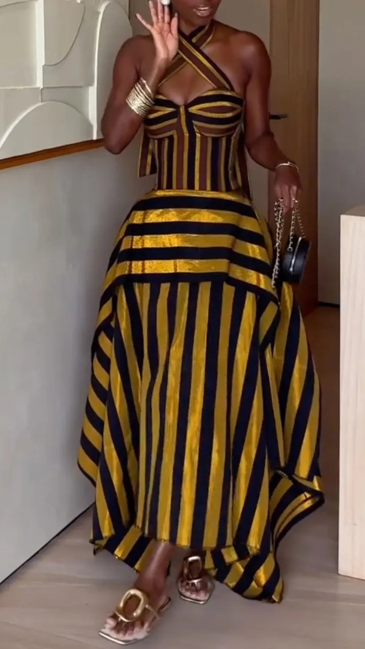 Gold Black Stripe Halter Corset Maxi Dress