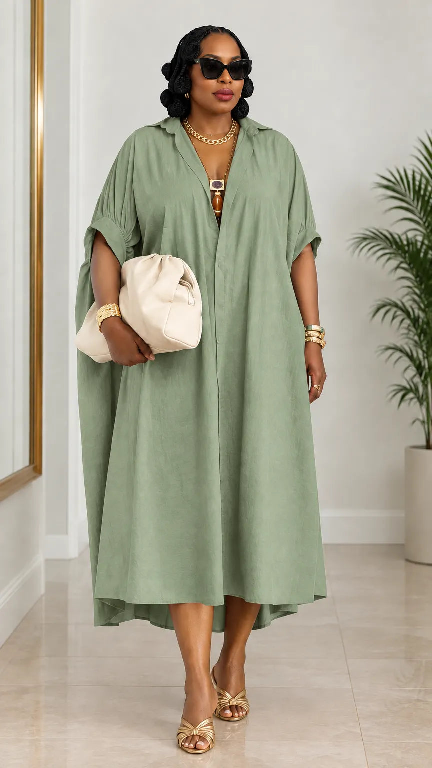 Women's Oversized Lapel Collar Kaftan Shirt Dress Ruched Sleeve Midi Dress
