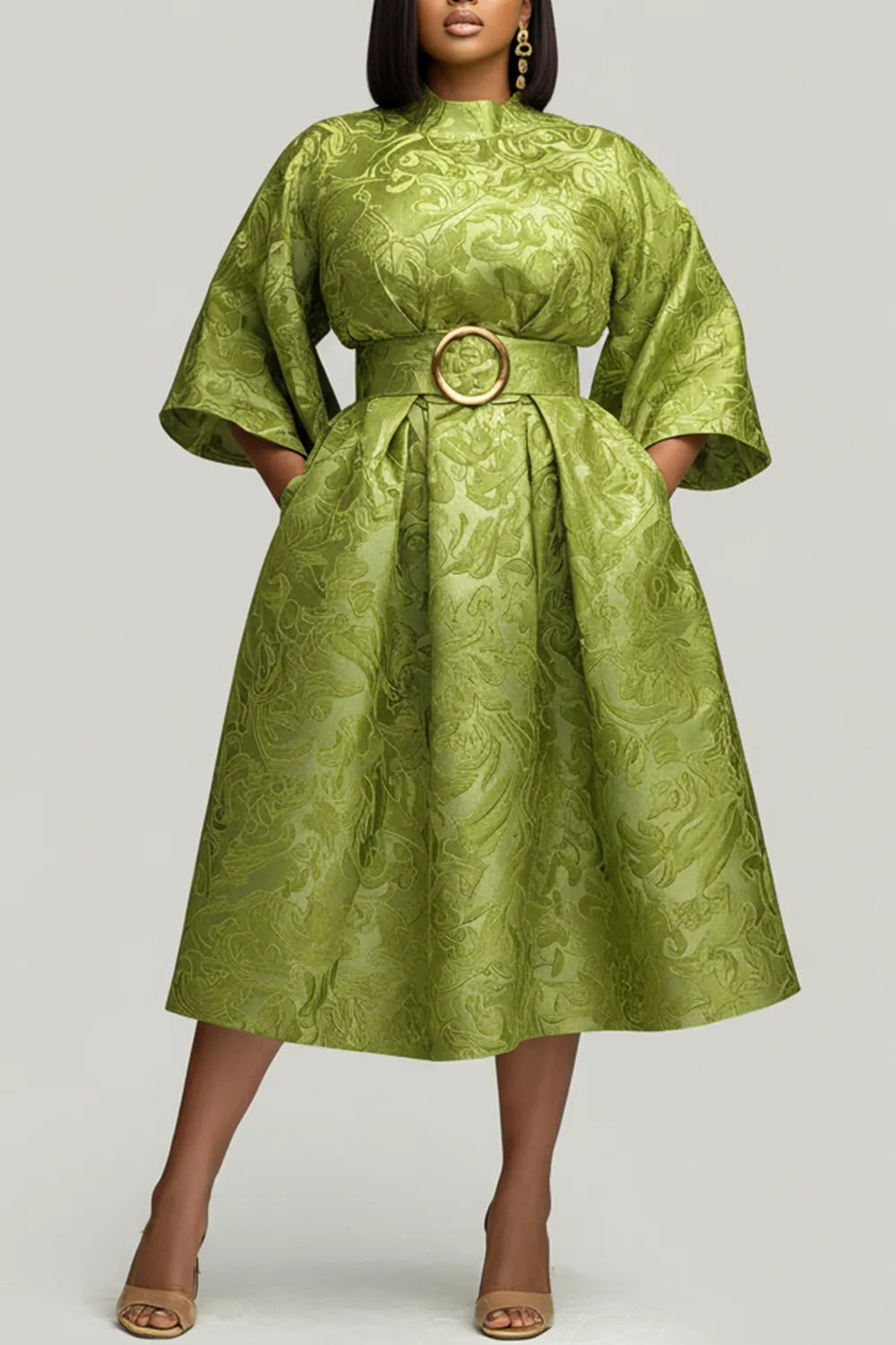 Wedding Guest Green Round Neck 3/4 Sleeve Pocket Midi Dresses