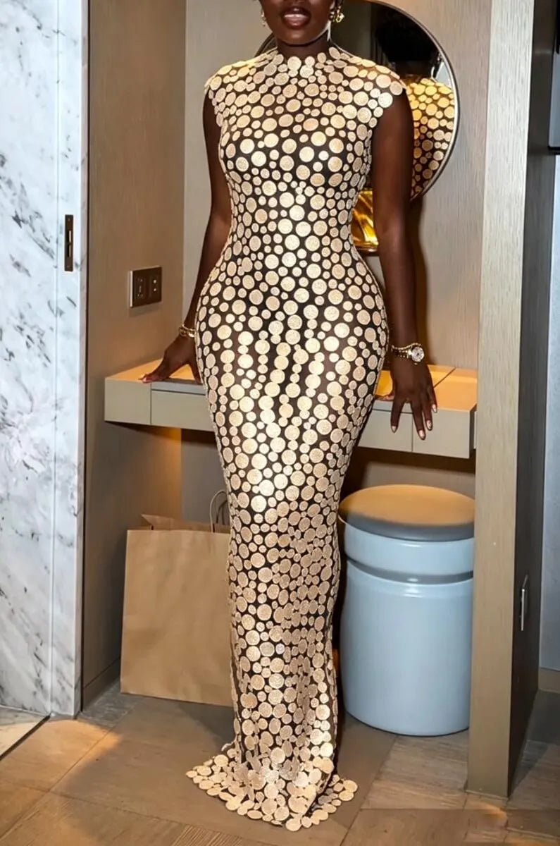 Women's Round Neck Circular Pattern Slim Fit Elegant Temperament Dress