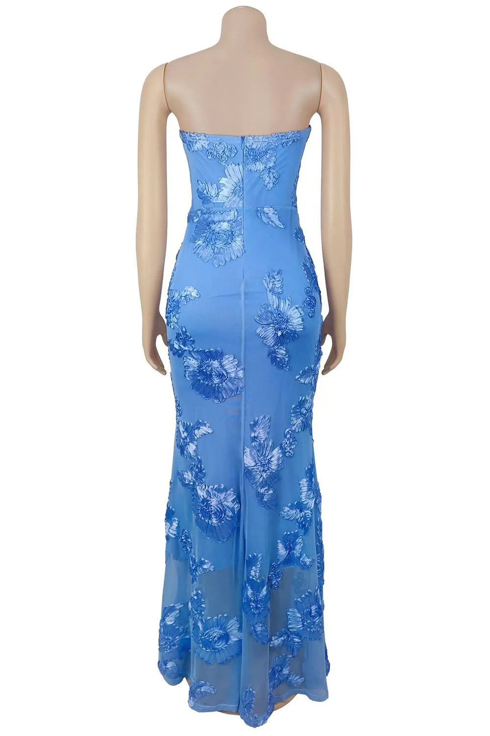 Strapless 3D Floral Decor Mermaid Slim Fit Evening Gowns Maxi Dresses-Blue