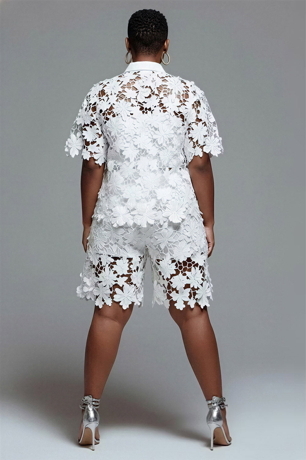 Daily Casual White Shirt Collar Short Sleeve Pocket Contrast Lace Two Piece Short Sets