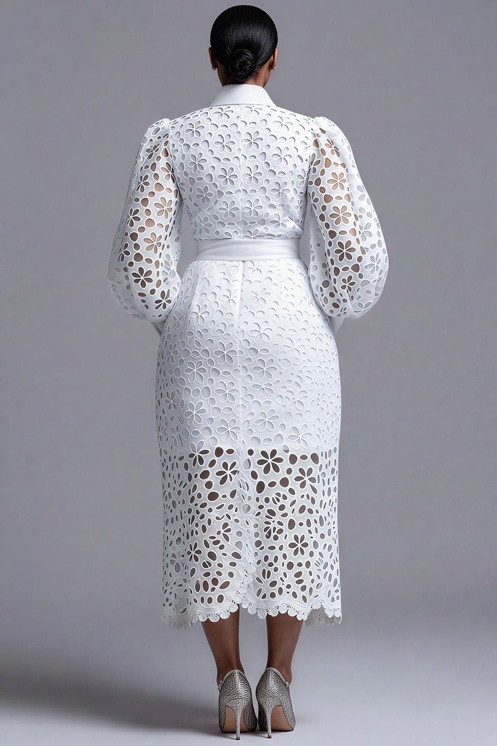 Business Casual White Shirt Collar Lantern Sleeve Long Sleeve Split Elegant See Through Lace Two Piece Skirt Sets