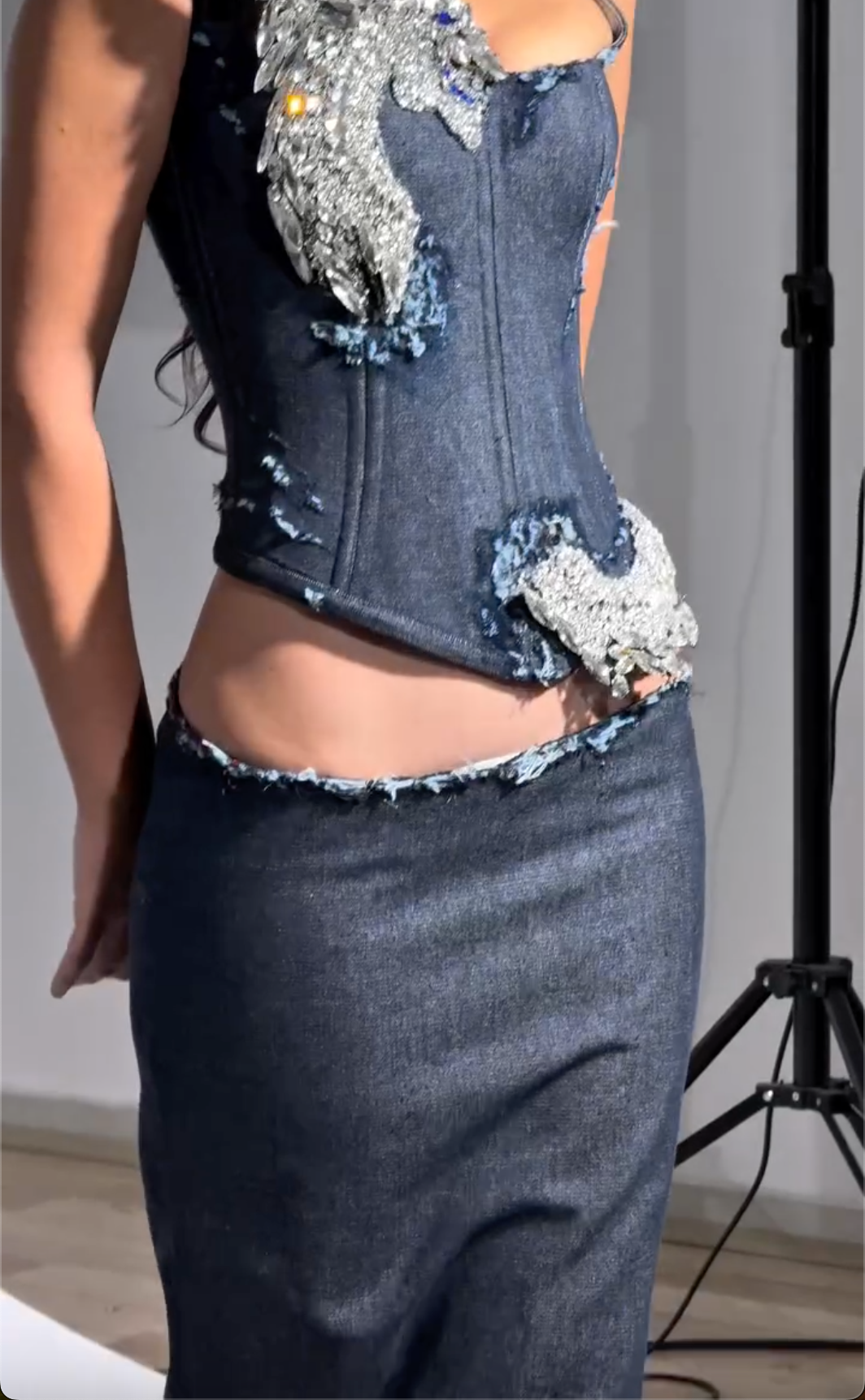 Distressed Denim Crystal Embellished Phoenix Embroidery Two-Piece Set
