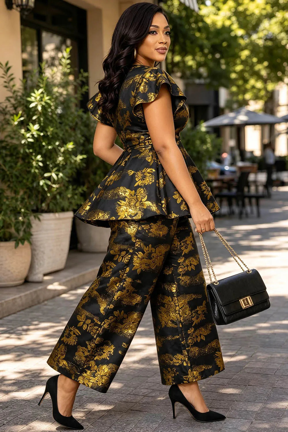 Business Casual Gold Round Neck Flutter Sleeve Short Sleeve Pocket Ruffle Two Piece Pant Sets [Pre-Order]
