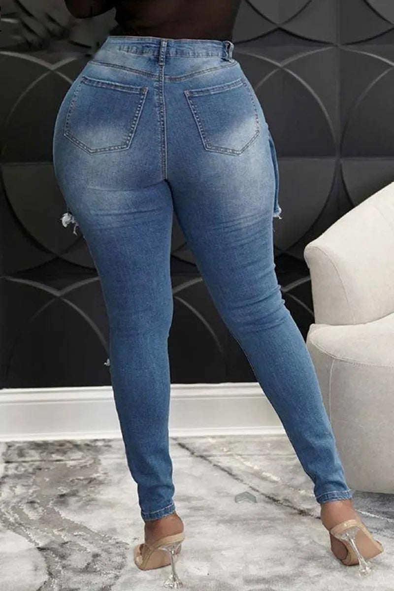 Ladies' Casual Washed Ripped Tight Jeans