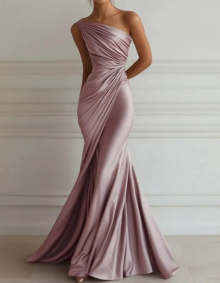 One-shoulder Stretch Satin Pleats Maxi Dress