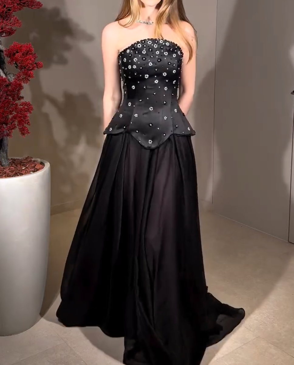 Black Strapless Maxi Dress with Floral Beading & Peplum Bodice