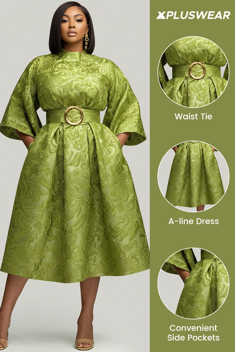 Wedding Guest Green Round Neck 3/4 Sleeve Pocket Midi Dresses