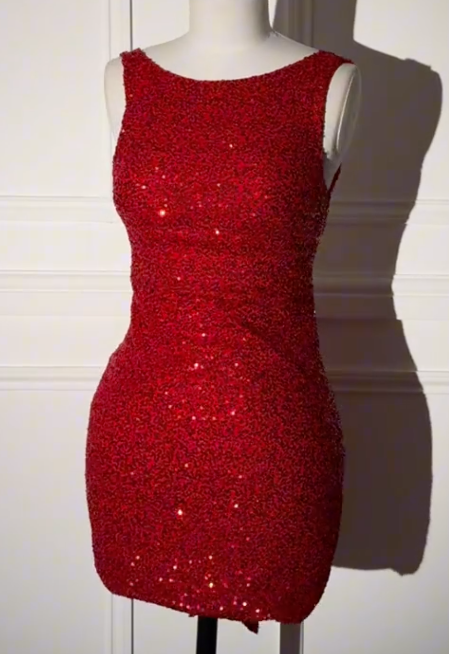 Red Sequin Mini Dress with Oversized Bow Back & Square Neck