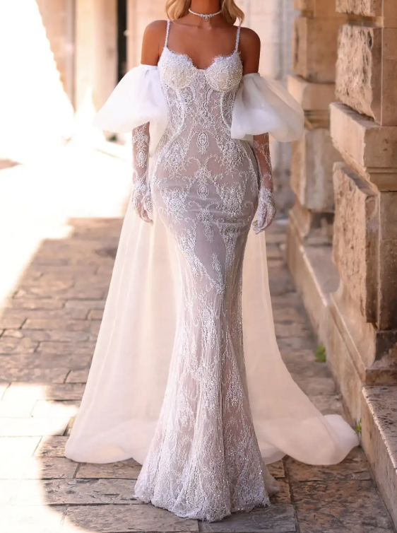 White Lace Halter Maxi Dress with Puff Sleeves & Train