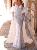White Lace Halter Maxi Dress with Puff Sleeves & Train