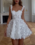 White 3D Floral Corset Evening Gowns - Off-Shoulder Maxi & Spaghetti Strap Mini Formal Dresses
