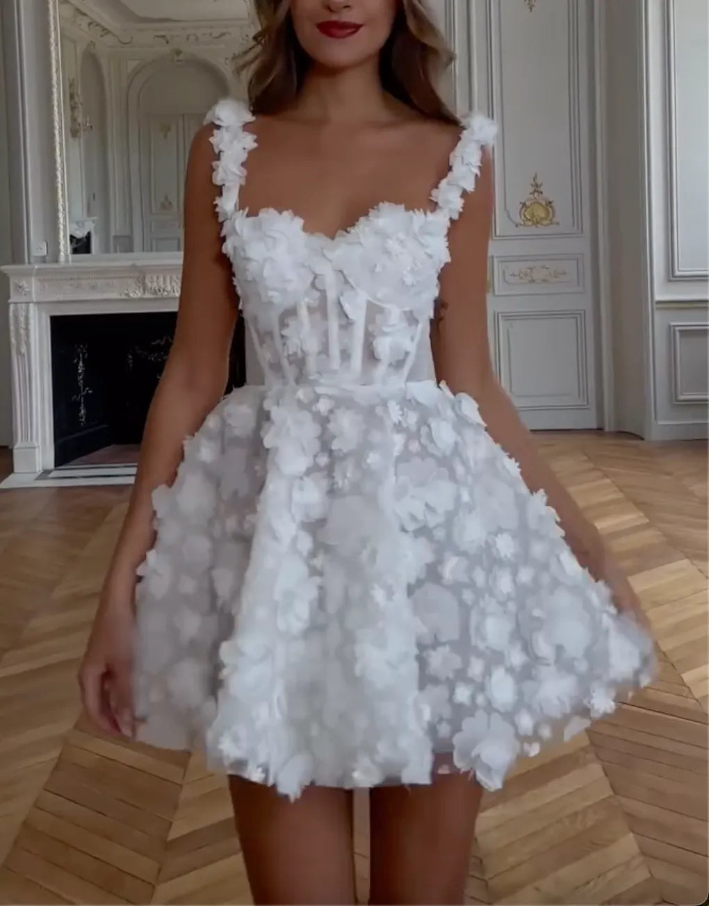 White 3D Floral Corset Evening Gowns - Off-Shoulder Maxi & Spaghetti Strap Mini Formal Dresses