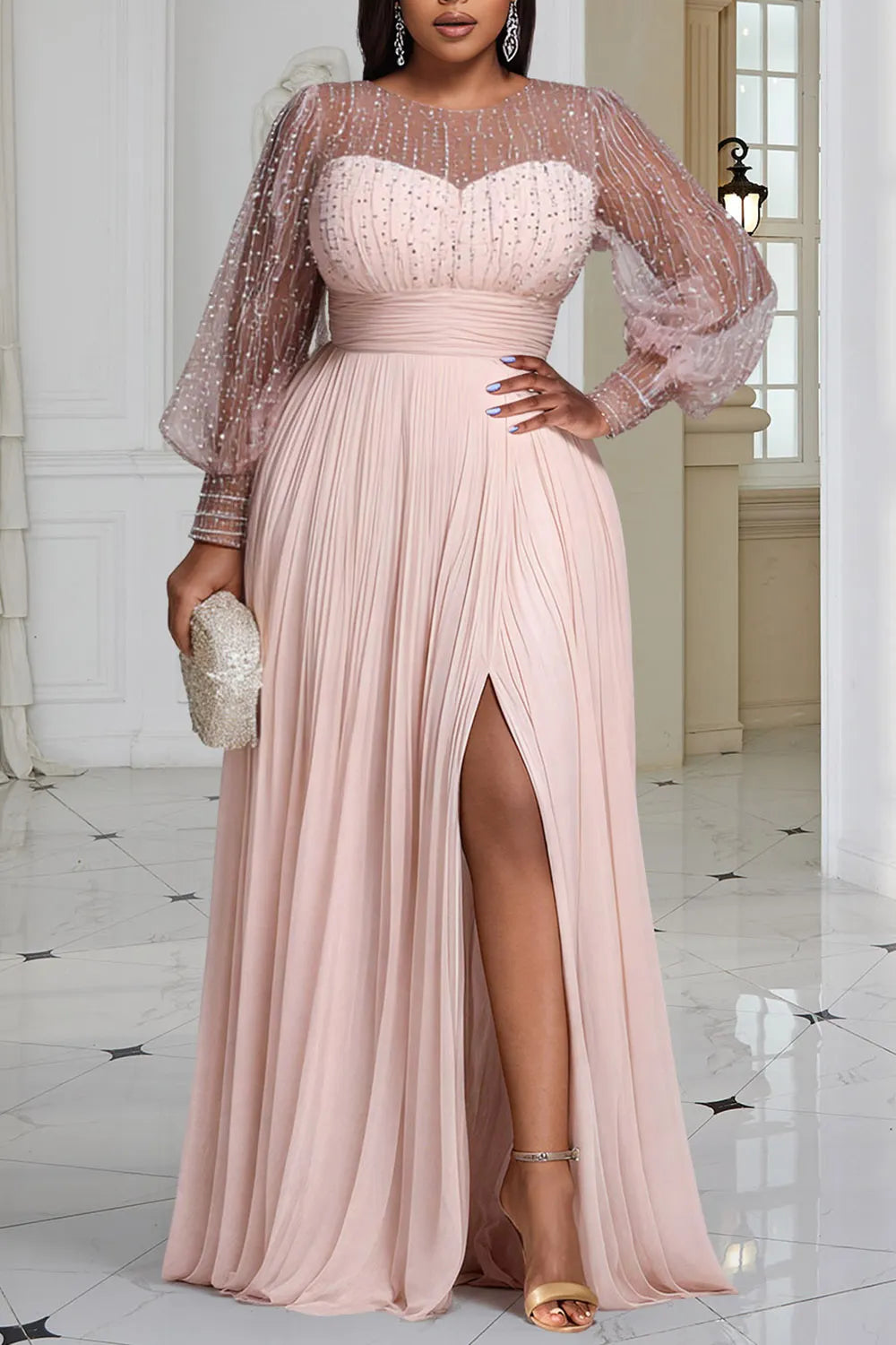 Champagne Round Neck Long Sleeve Split Elegant See Through Sequin Chiffon Maxi Dresses