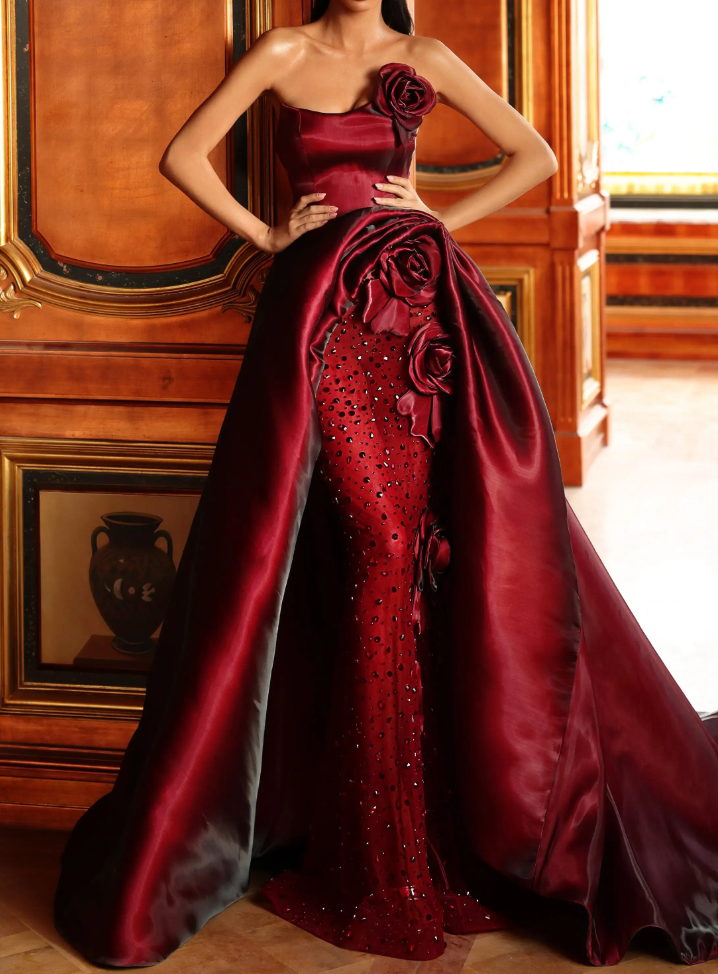 Luxury Floral Appliqué Prom Gown in Burgundy