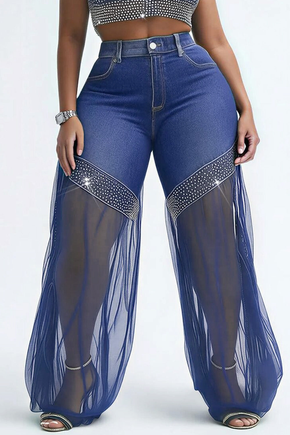 Xpluswear Design Plus Size Party Tulle Blue Drilling See Through Denim Jeans