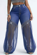 Xpluswear Design Plus Size Party Tulle Blue Drilling See Through Denim Jeans