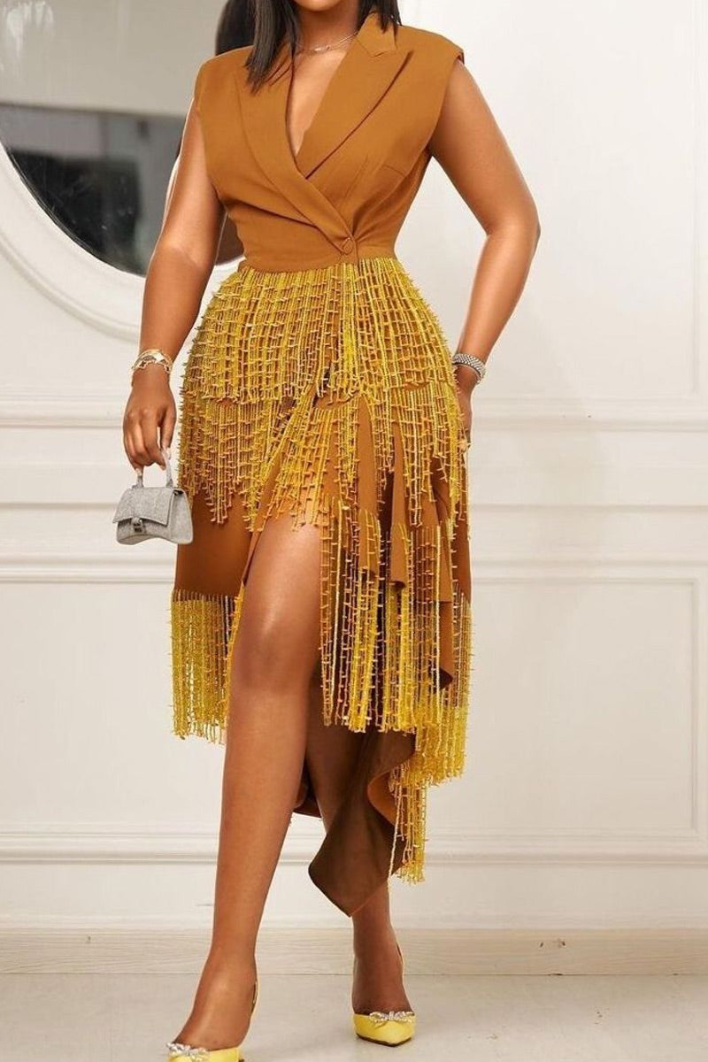 Women's Summer Casual Luxury Handmade Tassel Fringe Sleeveless Lapel Wrap Irregular Hem Dress