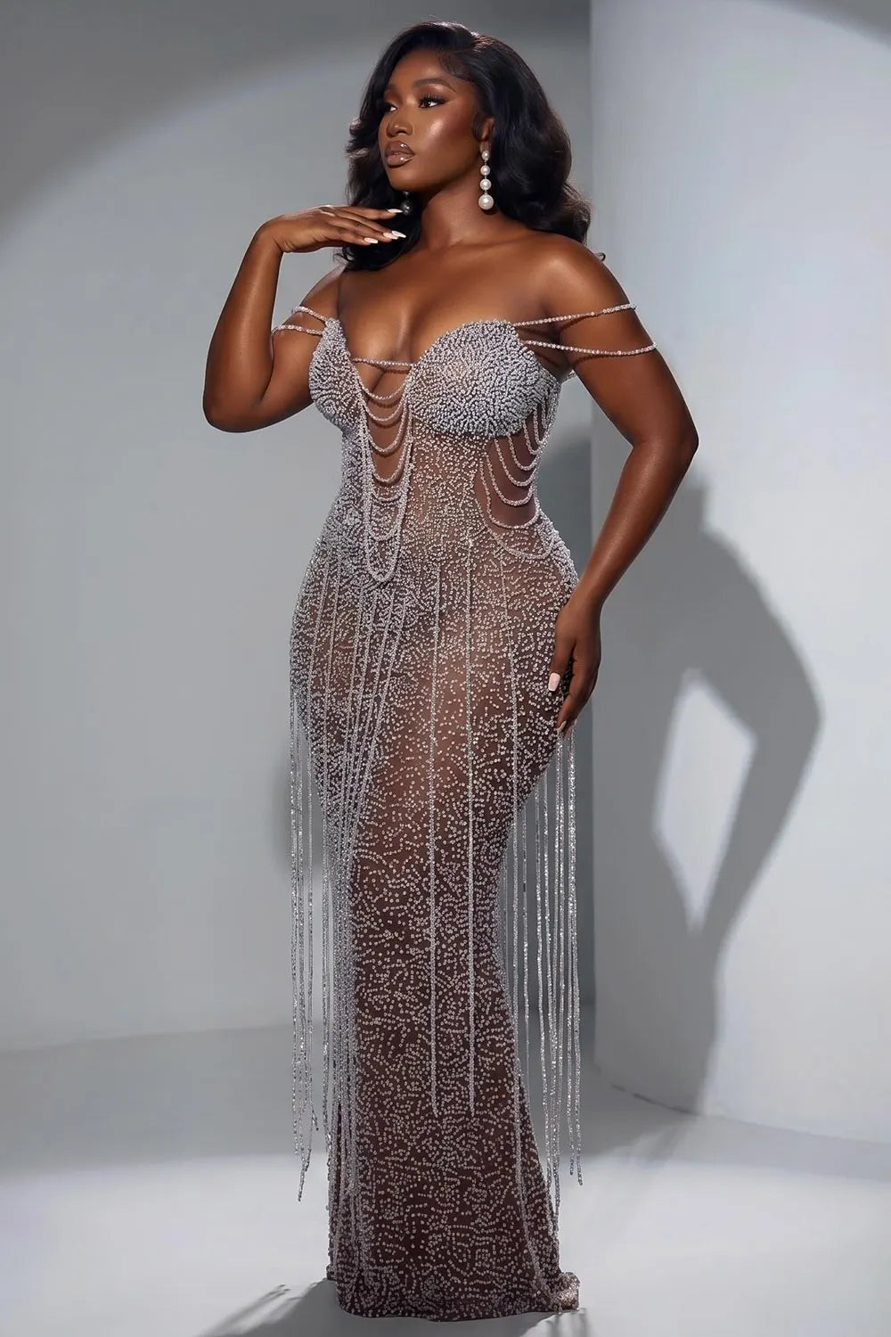 Off Shoulder Rhinestone See Through Slim Fit Maxi Dresses-Silver [Pre Order]