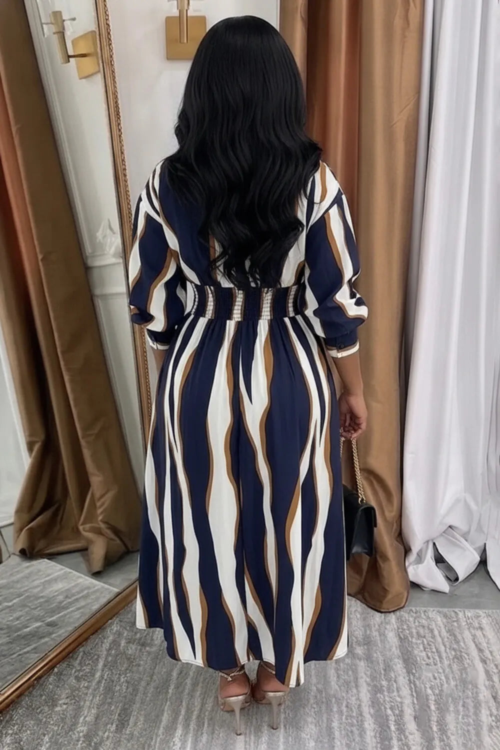 Stripe Shirt Collar Lantern Sleeve Casual Maxi Dresses-Multicolor [Pre Order]