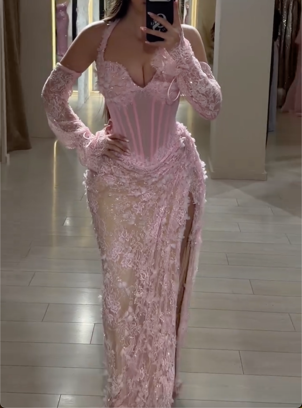 Pink Lace Corset Maxi Dress - Halter Neck Sheer Slit Formal Gown with Detachable Sleeves